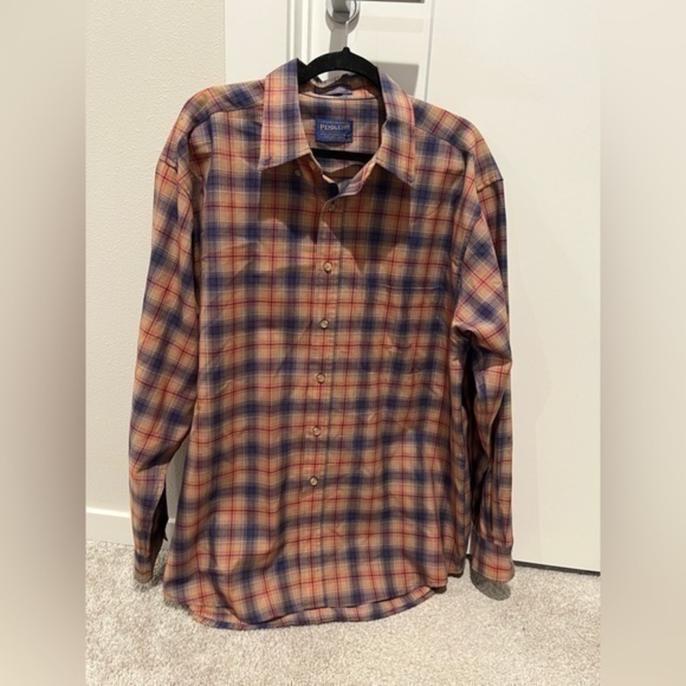 Pendleton Mens XL Sir Pendleton Merino Wool Button Front Shirt Tan Blue Plaid